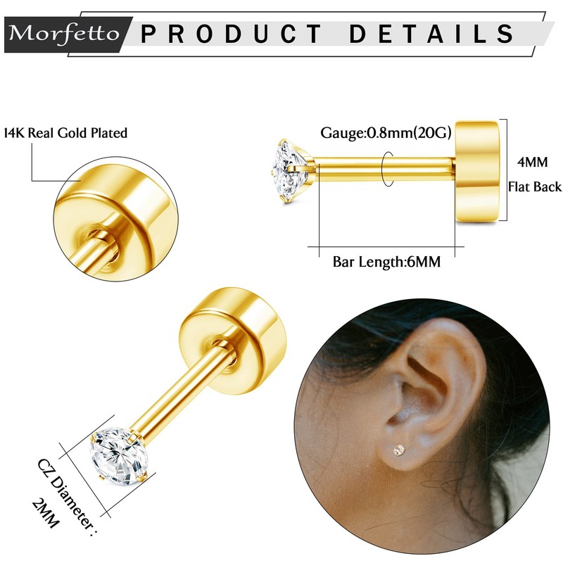 Morfetto 12 Pairs 14K Flat Back Earrings 20G Cartilage Earring
