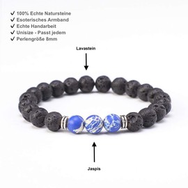 Kim Johanson Chakra Bead Bracelet Made of Onyx and Lava Stone with Jasper Pearl, Partner Bracelet, Energy Bracelet, Friendship Bracelet in Black, Gift for Couples Including Bag, 16 centimetres, Lava