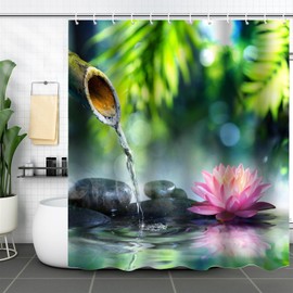 Lieson Shower Curtain Zen Theme Green Leaves Flower Shower Curtain 180x200cm