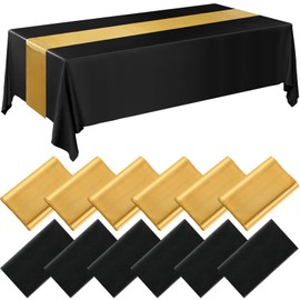 Tudomro 12 Pcs Black and Gold Disposable Plastic Tablecloths and Satin Table Runner Set, 54 x 108 Inch Tablecloth, 12 x 108 Inch Table Runners for Wedding Baby Shower Birthday Party