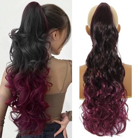HENSLEELY 22Inch Claw Wavy Ponytail Extension Black to Burgundy Long Curly Pony Tail Clip in Hair Extensions for Women Fluffy Synthetic Hairpiece for Daily Use(22Inch,T1B900)