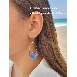 Rainbow Earrings For Women, Indian Chandelier Boho Tassel Dangling Bollywood Leaf Dangle Large Statement Bohemian Mexican Drop Suitable For Gift Giving, Your Birthday Party, Christmas (Leaf&Square)