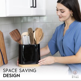 DAILY RITMO Large Kitchen Black Utensil Holder for Countertop with Bamboo Wooden Base | Minimalistic Cooking Utensils | Ceramic Tool Crock | Cylindrical Oval Shape | Narrow Spatula Organizer