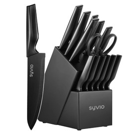 syvio Block Knife Set, 15 Pcs Kitchen Knife Set with Block and Sharpener, with Heavy Poultry Shears and 6pcs Serrated Steak Knives Razor-Sharp, Stainless Steel, Lightweight, Anti-Slip Handle