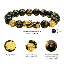 Lian 3Pcs Feng Shui Black Obsidian Bracelets 12mm Pi Xiu Wealth Good Luck Amulet Dragon Lucky Charm Bracelets for Women Men Adjustable Elastic Attract Wealth Money Bracelet Set