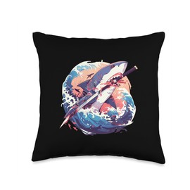 Funny Samurai Shark Cute Japanese Anime Manga Ninja Shark Throw Pillow