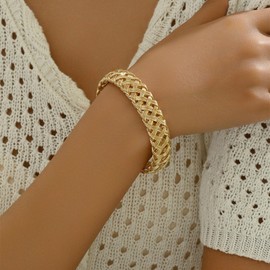 Gold Woven Bracelet Chunky Metal Cuff Bracelet 18K Gold Plated Woven Herringbone Mesh Bracelet Trendy Cuff Bracelet Stack Fashion Jewelry for Men and Women
