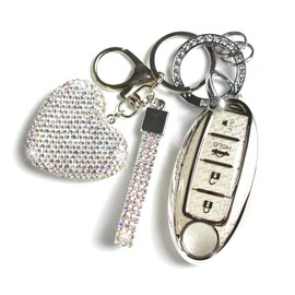 YIKECASE Key Fob Cover with Diamond Keychain, Car Key Holder Compatible with 4 Buttons, (Silver-Heart)