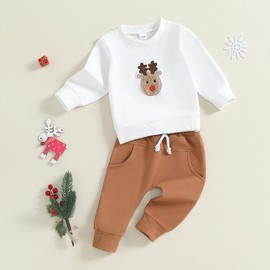 Lucikamy Toddler Baby Boy Girl Christmas Outfits Print Long Sleeve Tops Jogger Pants Sets Infant Xmas Fall Winter Clothes (Brown-White, 0-6 Months)
