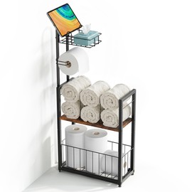 Towel Storage for Bathroom, Freestanding Toilet Paper Holder Stand with Storage, 4-Tier Free Standing Organizer with Phone and Tablet Shelf, Large Basket and Roll Dispenser, Towel Rack