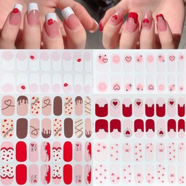 Valentine's Day Gel Nail Strips Stickers Heart Gel Nail Stickers Full Nail Wraps Glossy Self-Adhesive Gel Nails Art Design Stickers Cute Heart Valentine Nail Polish Wraps for Holiday Manicure 6 Sheets