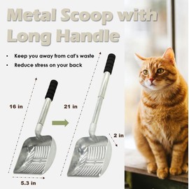 Vitisyao 16"-21" Cat Litter Scoop with Holder, Metal Cat Litter Scoop with Extensible Long Handle, Deep Shovel Kitty Sifter Scoop for Multi-Cat Households, Cat Litter Sifter with Foam Padded Grip