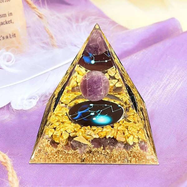 Crystal Pyramid, Amethyst Zodiac Taurus Orgone Pyramid, Healing Crystal, Postive Energy Orgonite Crystal Healing for Yoga, Meditation, Stress Reduce (Taurus)