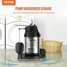 VEVOR 1/2 HP Sump Pump Submersible, Sump Pump with Stainless Steel Surface, 10 ft Power Cord, 1-1/2" NPT Discharge, Automatic Float Switch, for Indoor&Outdoor Water Drain