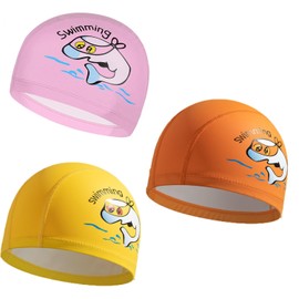Kid Swimming Cap 3 pcs，Cute Children Cartoon Swimming Hat Caps, PU Coating Waterproof （Pink, Orange, Yellow）