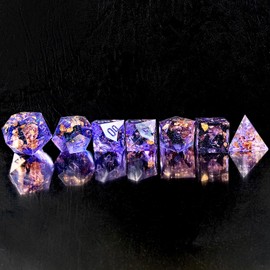 Unpainted Shimmery Sharp Edge DND Dice Set with Golden foil, Handmade 7 Piece Razor Edged Polyhedral RPG Dice Set for Role Playing Games