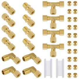 TRUSTKITS 1/4"OD x 1/4"OD Brass Compression Tube Fittings, 1/4" Compression Union Tee, 1/4"OD x 1/4"NPT Compression Fitting Straight Coupling Adapter, 90 Degree Elbow with Sleeves Ferrules 38 PCS
