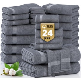 LANE LINEN 24 Piece Bath Towels Set - 100% Cotton Bathroom Towels, Absorbent Towels for Bathroom, 4 Large Bath Towels, 2 Bath Sheets, 6 Hand Towels, 8 Wash Cloths, 4 Fingertip Towels - Cool Grey | LANE LINEN