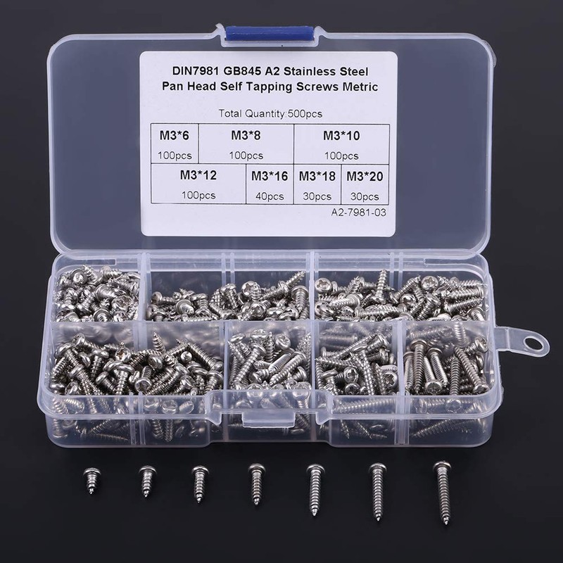 500PCS M3 Screws Assortment Kit,DIN Multi-Purpose Stainless Steel 304/ Carbon