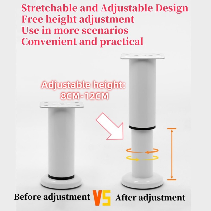 4-Pack White Adjustable Heavy Duty Cabinet Legs (8-12cm) | Non-Slip,