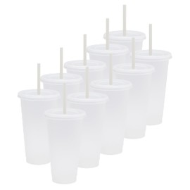 Vasos de Plastico Reusable Set de 10, 20, Y 50 Vaso con Popote y Tapa de 24 oz tipo Termos para Cafe (Vaso tipo Termo Reusable/Plastic Cup) (10, TRANS