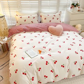 Lanqinglv Bed Linen Set, Girls’, Children’s, White, Red, Cherry Pattern, Reversible Design, Checked, Oeko-Tex Seal, 135 x 200 cm Duvet Cover with Zip and 80 x 80 cm Pillowcase