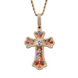 LuxeFlex Gothic Colorful Iced Out Cross Pendant with 20" Stainless Steel Rope Chain, Heavyweight Oversized Design, 14K Gold Plated, 5A CZ Stones, Hip-Hop Religious Jewelry for Men & Women (Gold-Colorful)