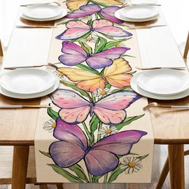 Croar Spring Summer Butterfly Table Runner, Daisy Flower Floral Kitchen Dining Table Decoration, Seasonal Burlap Indoor Outdoor Home Decor Party Supply 13 x 90 Inches