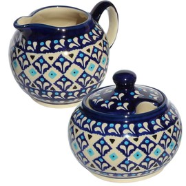 Polish Pottery Sugar Bowl and Creamer From Zaklady Ceramiczne Boleslawiec #694/711-217a Classic Pattern, Sugar Bowl: Height: 3.7" Creamer: Height: 3.4"