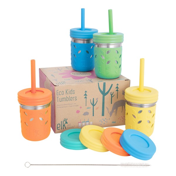 Elk and Friends Stainless Steel Cups | Mason Jar 10oz | Kids & Toddler Cups with Silicone Sleeves & Silicone Straws with Stopper | Sippy cups, Spill proof cups for Kids, Smoothie Cups