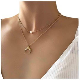 Yheakne Boho Pearl Moon Choker Necklace Gold Pearl Pendant Necklace Vintage Layered Necklace Crescent Moon Necklace Jewelry for Women and Girls Gifts