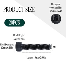 20pcs Black Socket Cap Head Screws, M6 X 16mm 304 Stainless Steel,Cylinder Screws,Mounting Hardware Kit,Zinc Plated Cup Head Bolt,for Most TV Stand,Wall,Mount&Monitor,Pack Black