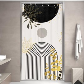 Riyidecor Small Stall Black Gold Boho Shower Curtain for Bathroom Decor 36Wx72H Mid Century Modern Abstract Gold Leaves Minimalist Geometric Art Printed Fabric Polyester Waterproof 7 Pack Plastic Hook