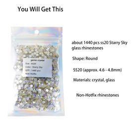 Genie Crystal ss20 Starry Sky Glass Rhinestones 1440 Pcs Pack, 10 Gross 5mm Flatback Rhinestone for Tumbler Cup, Shoes, DIY Craft, Glitter Decoration