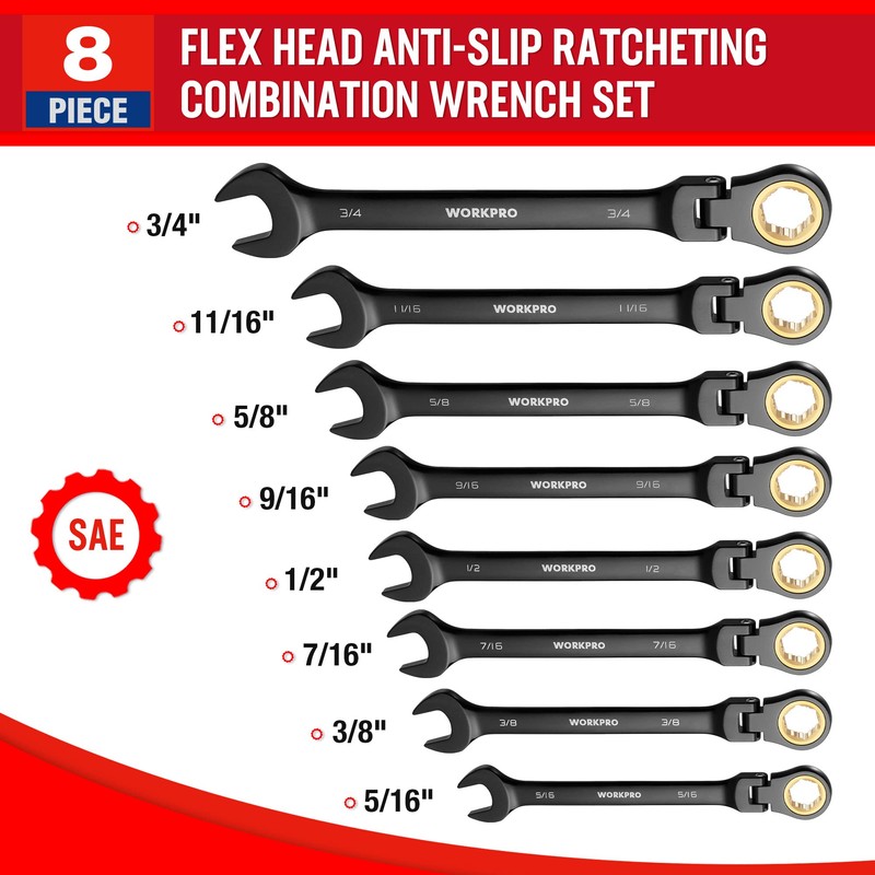 WORKPRO Ratcheting Combination Wrench Set, 8-piece Flex-Head Anti-Slip Set SAE