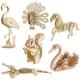 3D Wooden Wild Animal Puzzle - 6 Piece Set Wood Wild Animals Skeleton Assembly Model Kits - Wooden Crafts DIY Brain Teaser Puzzle - STEM Toys Gifts for Kids and Adults Teens Boys Girls