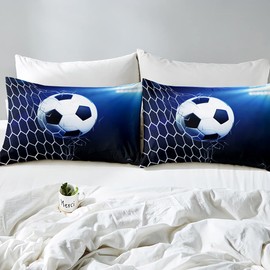3D Soccer Duvet Cover Set King, Boys Football and The Soccer Ball Decorative Bright Blue Comforter Cover Set 3 Pieces Bedding Set with 2 Pillow Sham, Zipper, Youth Sports Theme Bedspread Bedclothes