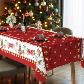 Table Cloth for Rectangle Table, Waterproof and Oil-Proof Vinyl Christmas Tablecloth, Wash-Free Tablecloth with Flannel Backing for Christmas Decoration (Snowflake 55×110 Inches, Seats 8-10)