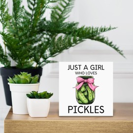 RUNMESS Pickles Decorations Wooden Sign, Coquette Pink Bows Wood Box Signs, Just A Girl Who Loves Pickles Table Signs, Pickles Lovers Decor, Pickles Office Desk Sign Decor, 5x5 Inch