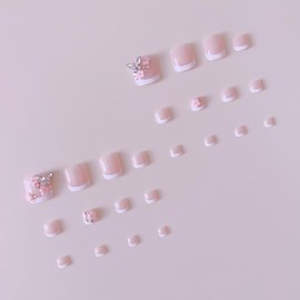 French Tip Press on Toenails Short Square Fake Toenails Flower False Toenails with Rhinestone Butterfly Glue on Toe Nails White Toenails Tip Cute Acrylic Toenails Spring Summer Stick on Toenails 24PCS