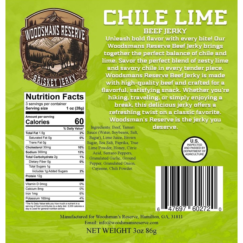 Woodsman's Reserve Chile lime brisket beef jerky.