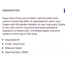 Claire’s adjustable mood color changing unicorn ring sz 5 6 7 8