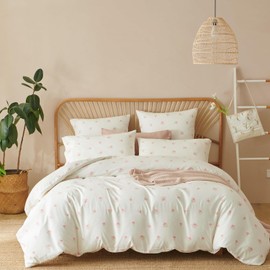 Lanqinglv Bed Linen Set, 135 x 200 cm, Pink/White Tulips, Floral Pattern, Reversible, Duvet Cover with Zip, 1 Pillowcase, 80 x 80 cm, Oeko-Tex Certified & Suitable for Allergy Sufferers