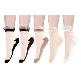 Benefeet Sox Sheer Socks Ankle High Lace Ruffle Ankle Socks Novelty Pretty Mesh Short Socks Cute Transparent See Through Low Cut Socks Ultra Thin Silk Nylon Summer Socks with Shiny Star 5 Pack