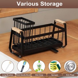 Sponge Holder for Kitchen Sink, with High Brush Holder, Sink Organizer, Dish Brush Storage Rack, Carbon Steel Material, Suitable for Storage on Different Kitchen Countertops, Black（10.4×3.94×6.3" ）