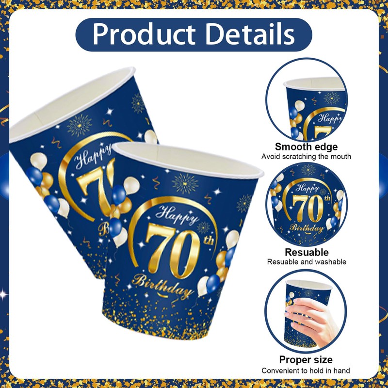 MORAINJAY 70th Birthday Paper Cups, Pack of 16 Blue with