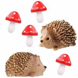 6 Pack Miniature Fairy Garden Accessories, 2 Miniature Resin Hedgehogs and 4 Wood Mushroom, Fairy Mushroom Garden Animals Decorative Accessories for Miniature Landscape Wild Garden Decorative Supplies