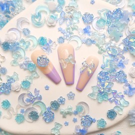 100Pcs Blue White Nail Charms Colorful Flower Nail Rhinestone Diamonds Mixed Shapes Nail Resin Supplies 3D Bear Bow Butterfly Starfish Nail Art Charm Rabbit Floral Nail Art Rhinestones for Nails DIY