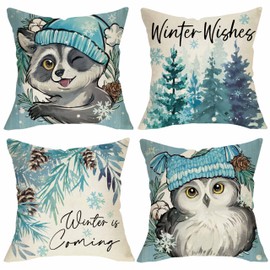 Fjfz Winter Wishes Owl Raccoon Decorative Throw Pillow Covers 18 x 18 Set of 4, Winter is Coming Pine Tree Porch Outdoor Home Decor, Christmas Seasonal Pine Needle Pine Cone Couch Cushion Case