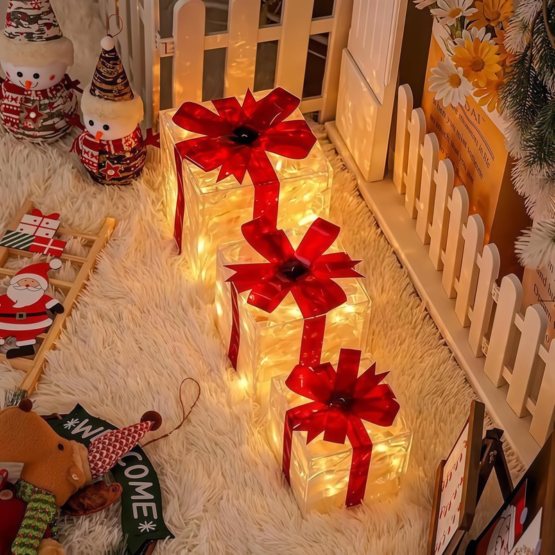 Set of 3 LED Lighted Boxes with Red Bows, Warm